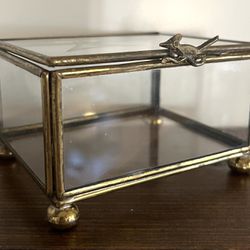 Small Vintage Brass Glass Footed Trinket Box ROADRUNNER