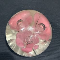 Vintage Glass Paperweight With Pink Flowers 