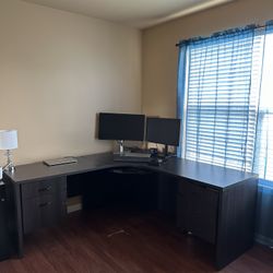 Gray Corner Desk With HP Printer