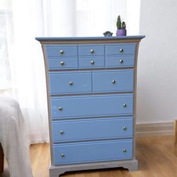Blueish Gray Tall Dresser / Gold Knobs 