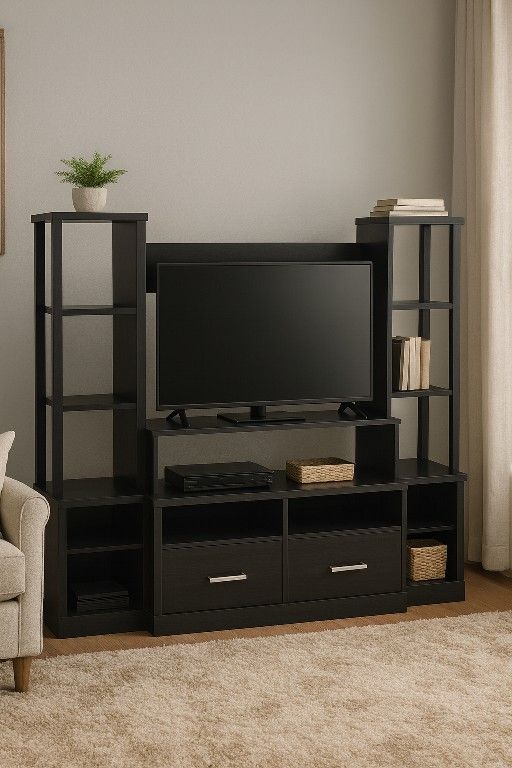 🖤 Black Entertainment Center with Shelves & Storage – $95 OBO
