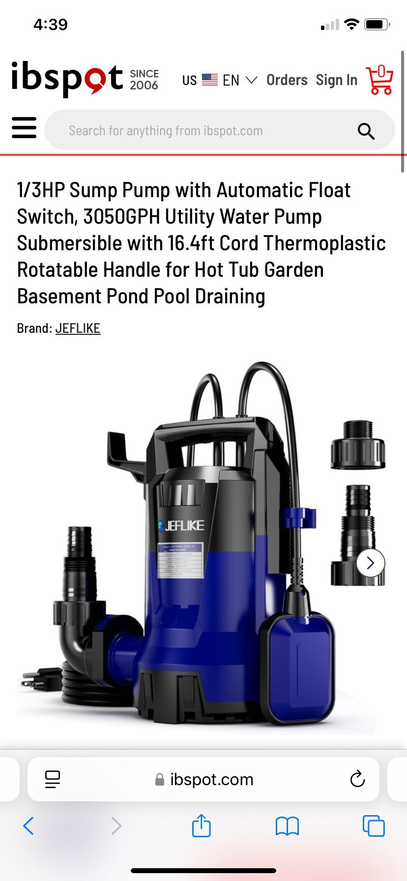 1/3HP Sump Pump with Automatic Float Switch, 3050GPH Utility Water Pump Submersible with 16.4ft Cord Thermoplastic Rotatable Handle for Hot Tub Garden
