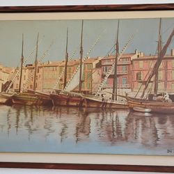 Large Framed  Mediterranean fishing port Painting 68x44
