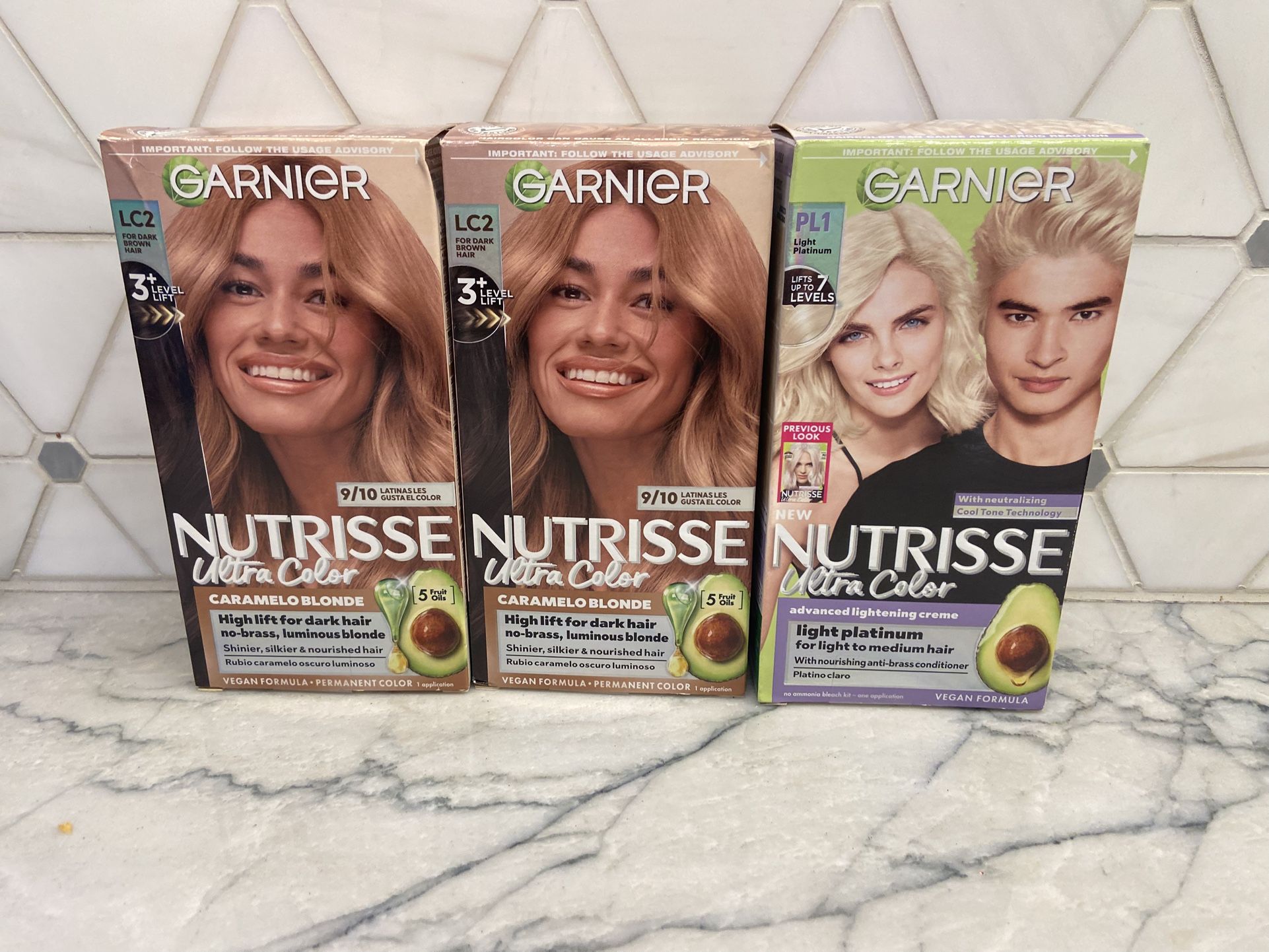 Garnier Nutrisse Ultra Color Nourishing Bold Permanent Hair Color Creme, LC2 Dark Blonde; or PL1 Light Platinum, 1 Kit each box. New