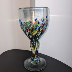 Mexican Hand Blown Glass Rainbow Confetti Wine Goblet Water Glass