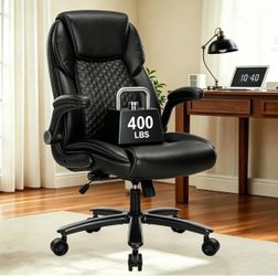 Big and Tall Office Chair PU Leather Flip-up Arms Adjustable Lumbar Support Executive Office Chair Adjustable Height Swivel Space-Saving Rolling Compu