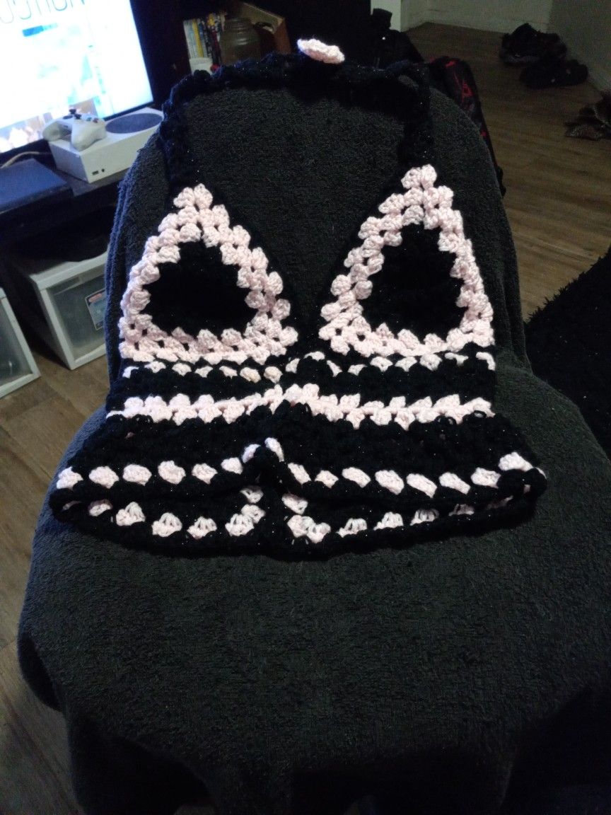 Glitter Black And Pink Crochet Halter Top