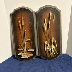 Pair 70s MCM Wetland Scene Theme Brass Cattails On Wood Wall Art Home Decor 7X18 