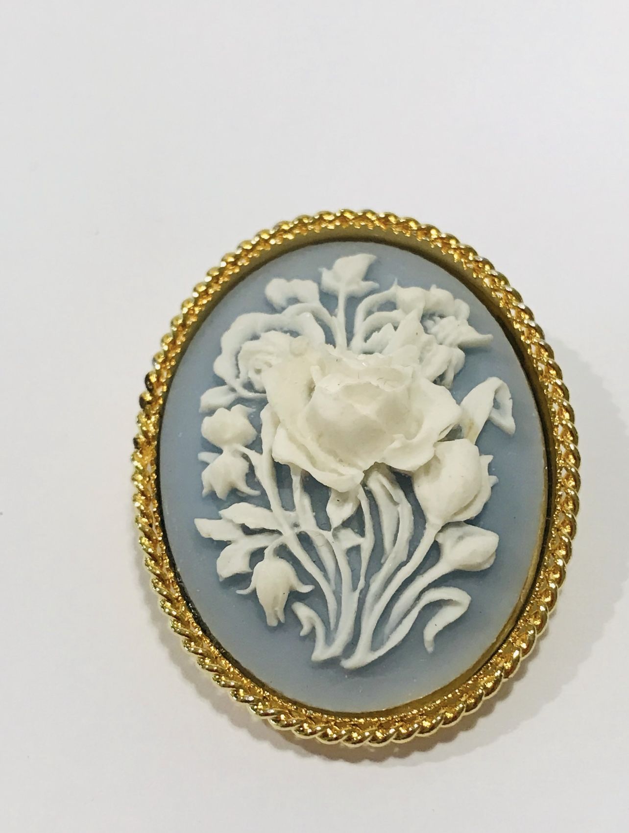 Vintage Wedgwood Style Gold and Blue Floral Cameo Brooch 2”