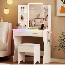 Vanity Desk with LED Lights Mirror & Power Outlet, Small Makeup Vanity Table Set with Storage Drawers & Chair, 3 Lighting Modes & Adjustable Brightnes