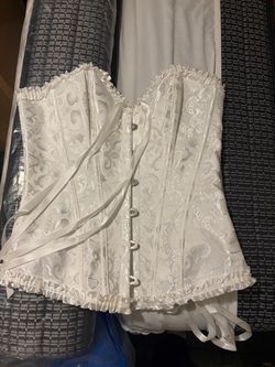 White Brocade Corset with Ruffle Trim