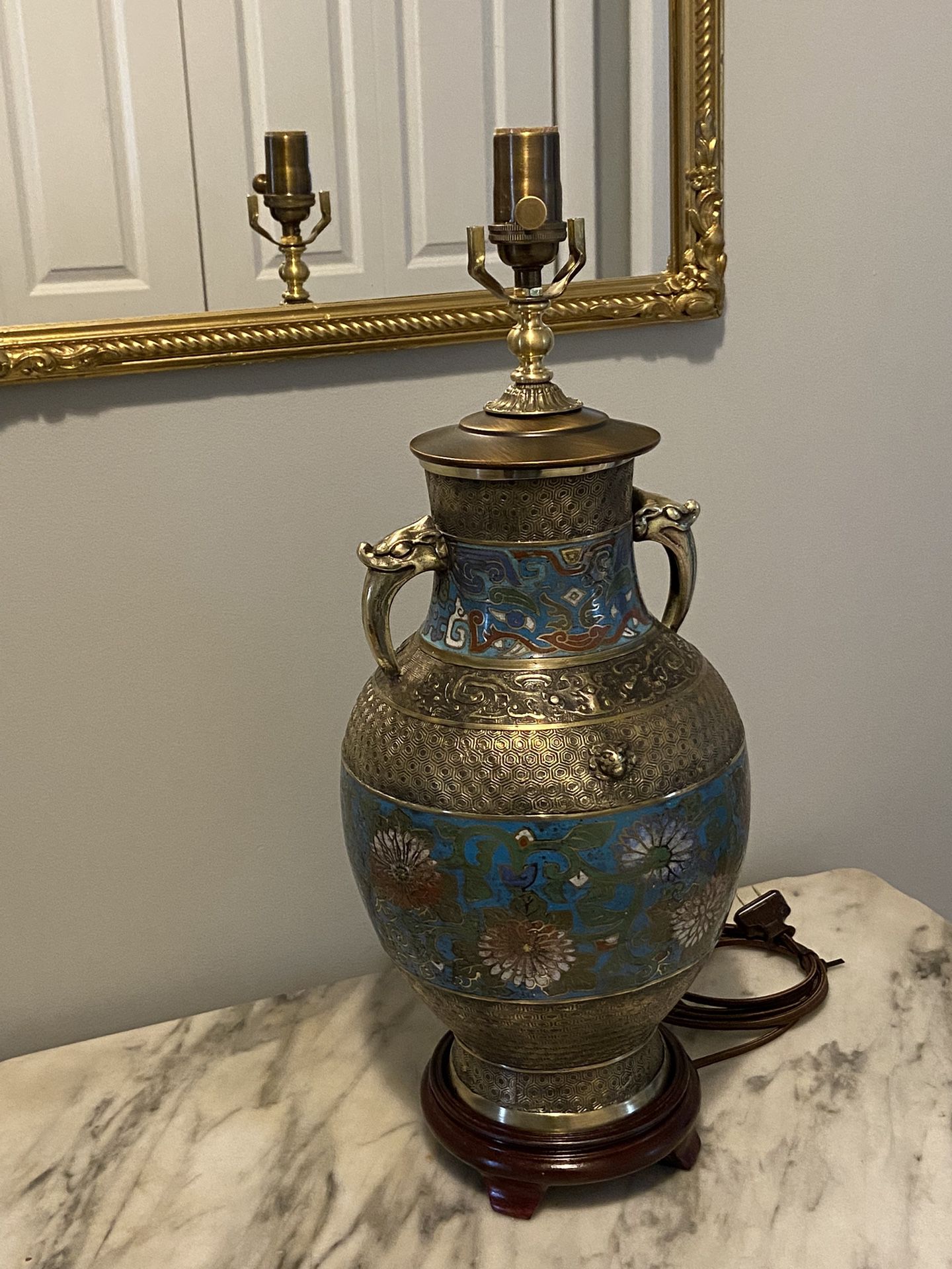 Antique Brass Lamp. Champleve. 