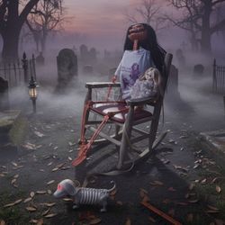 Last Minute Halloween Decoration Two And A Half Feet Tall Orange Skeleton With A Wig And Authentic Antique Rocking Chair