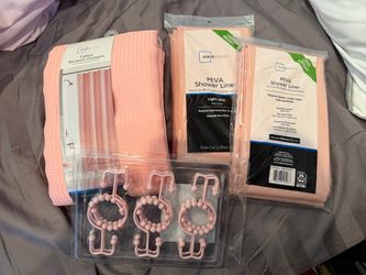 NEW 4-Piece Pink Bathroom Shower Curtain Set – Curtain, 2 Liners & Decorative Hooks