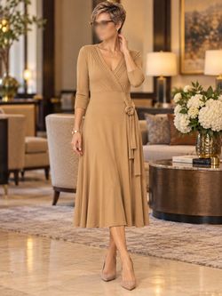 Camel Wrap Midi Dress with Rosette Belt