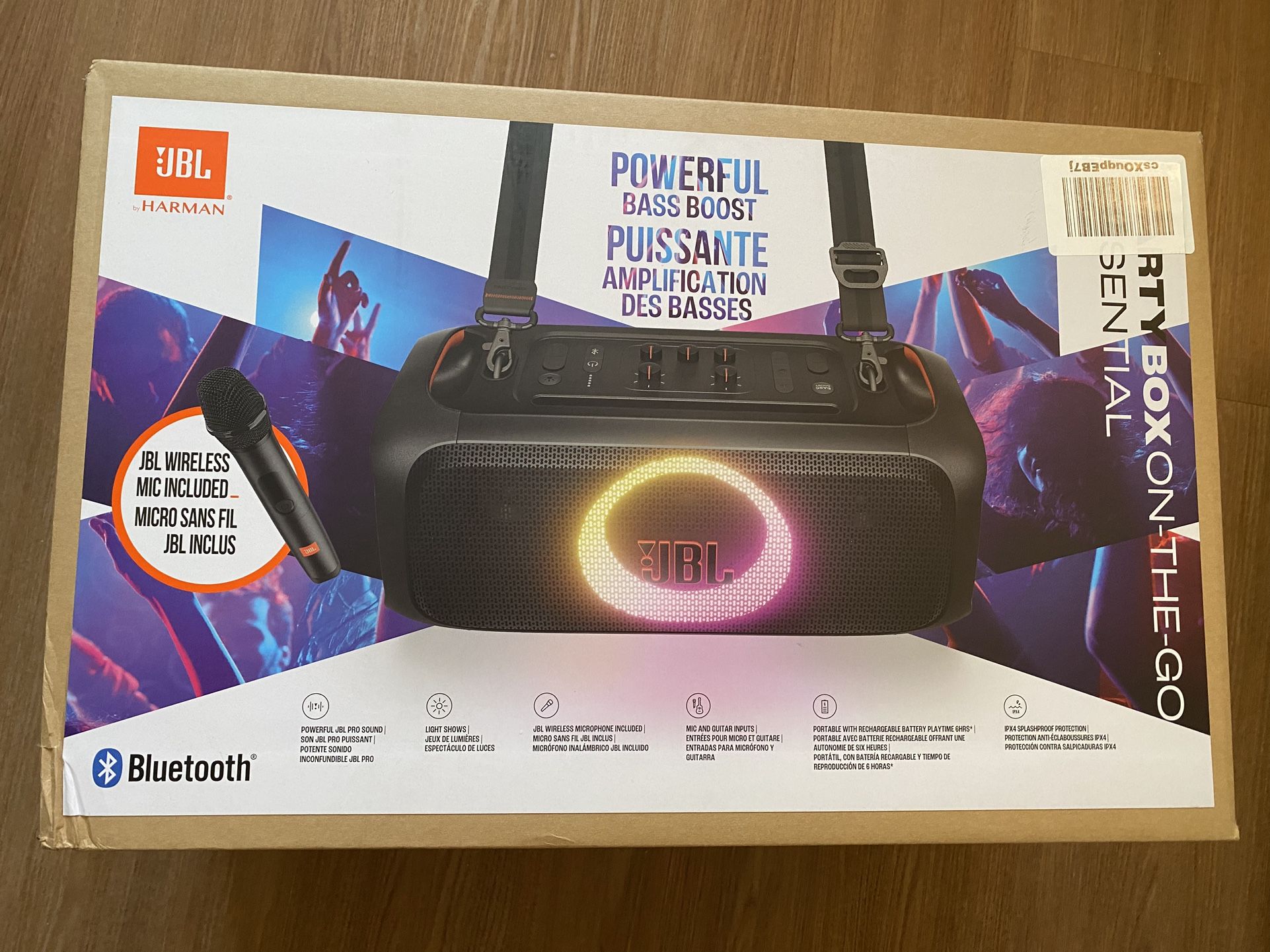 JBL PartyBox On-The-Go Essential - Portable Party Speaker with Built-in Lights and Wireless mic, Amazing Pro Sound, IPX4 splashproof Protection, 6 Hou