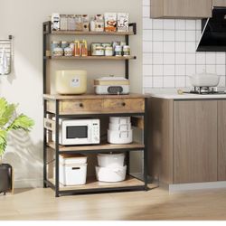 Mexin Bakers Rack with Power Outlets, 5-Tier Microwave Oven Stand with 2 Drawers, Kitchen Stand Coffee Bar Table with Storage, Heavy Duty Kitchen Shel