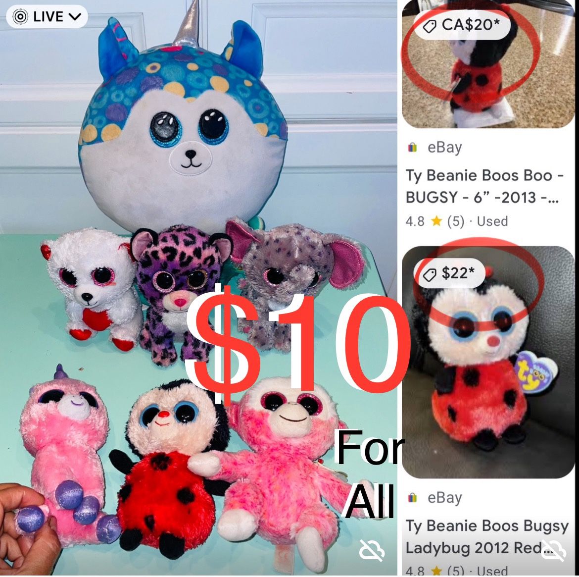 $10 For All collection of 7 TY Beanie Boos Plushies some rare in good condition 1 with tag