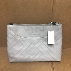 New With Tags Tory Burch Alexa Quilted Slouchy Leather Tote In Concrete Grey