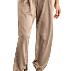 Women Satin Joggers High Waist Loose Sweatpants Casual Solid Color Trousers, M