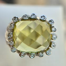 New 18K Gold Plated 0.36ct Genuine Diamonds 13.47g Lemon Citrine cocktail ring/7