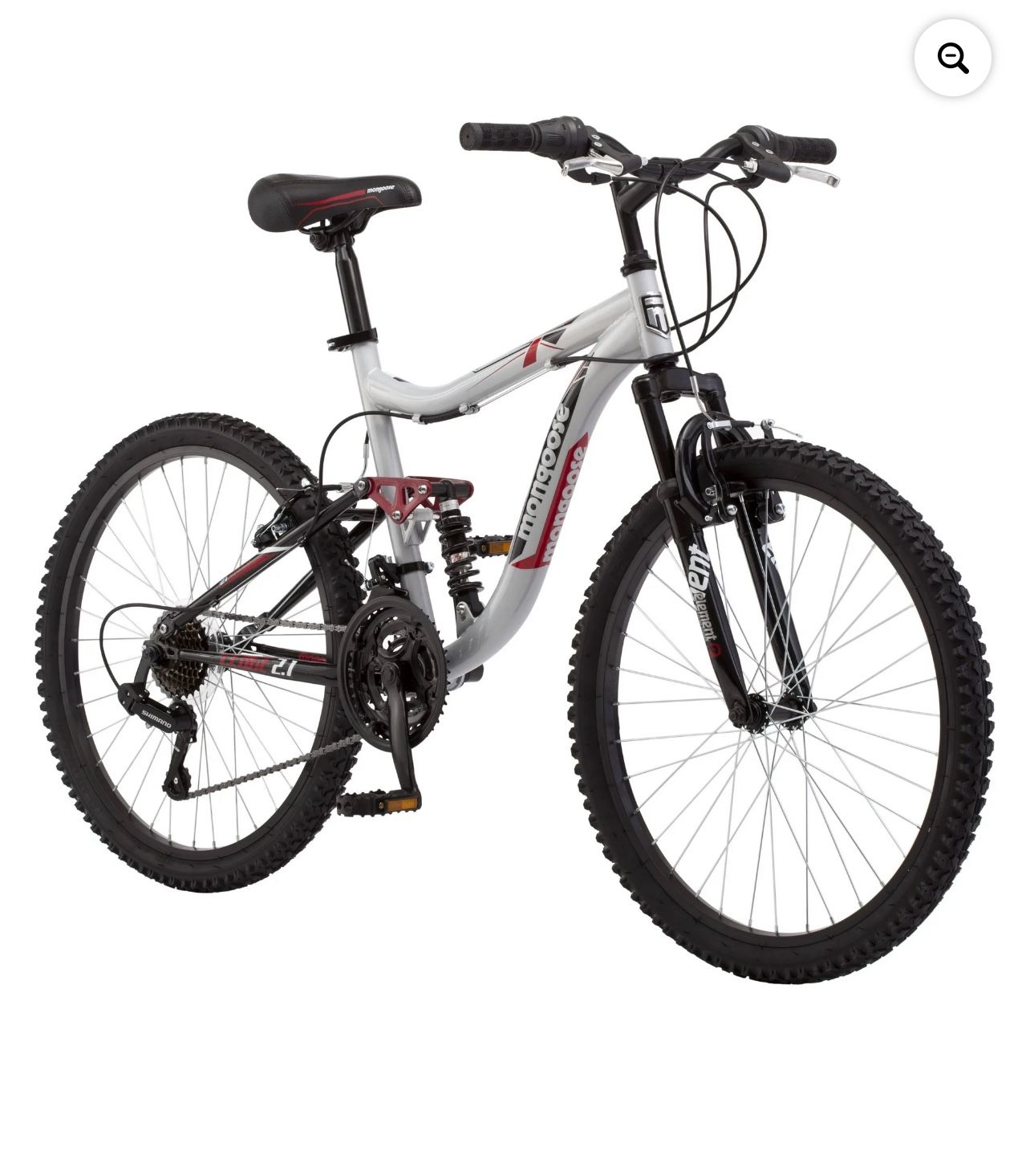 Mongoose Ledge 2.1 Mountain Bike, 24-inch wheels, 21 speeds, boys frame, Silver/Red