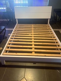 Queen White Bed Frame with Headboard and Wood Slats