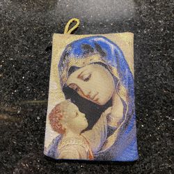 Hand-Woven Pouch with Metallic Thread of Madonna & Child & Cross on Back 4x5.5”