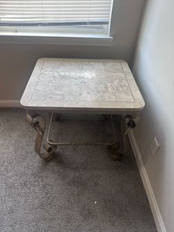 Stone Top End Table with Ornate Metal Base