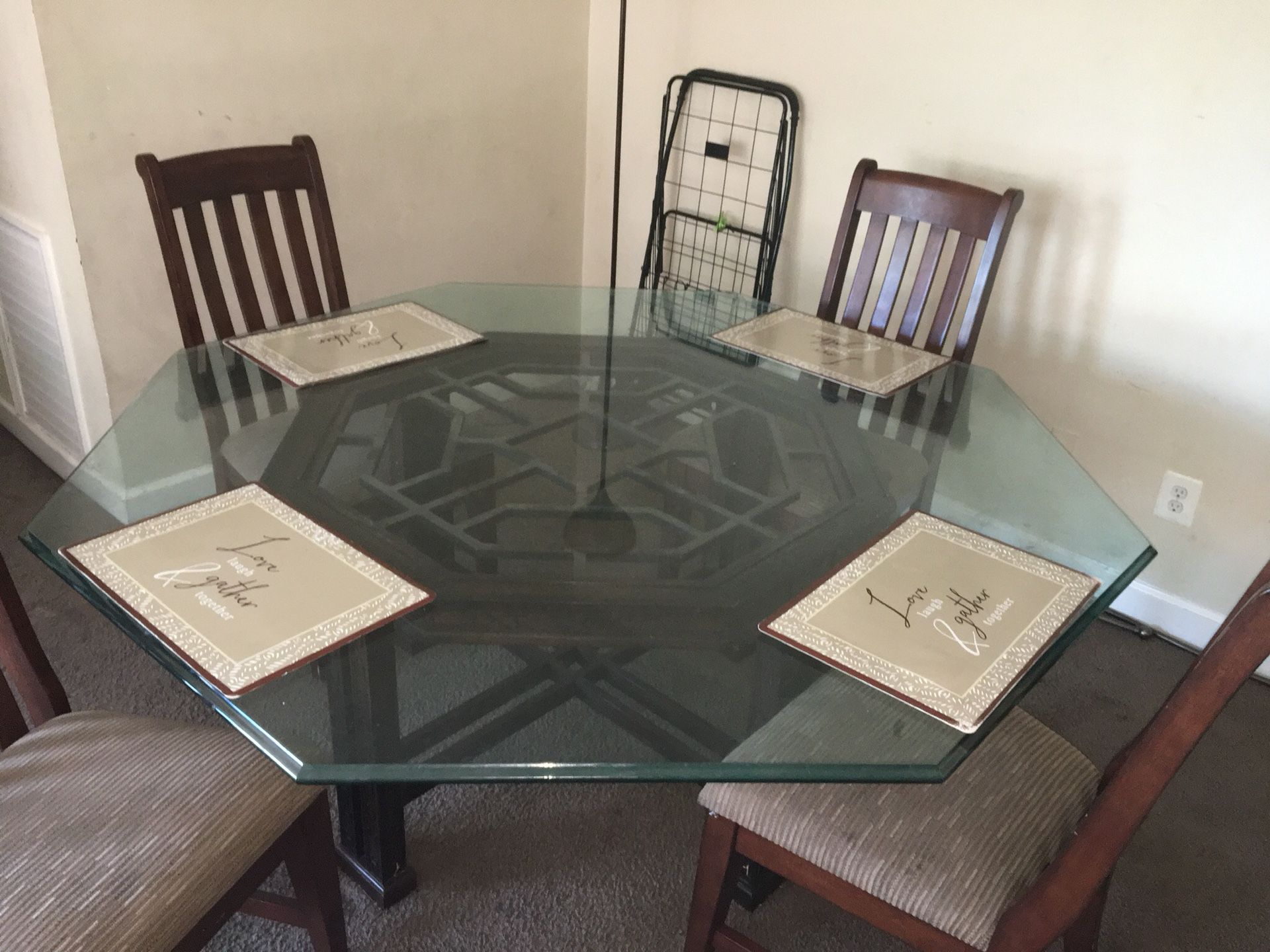 Vtg Drexel Glass Octagon Dining Table Chinoiserie Mid Century Modern style .....Large glass table with 4 wood chairs