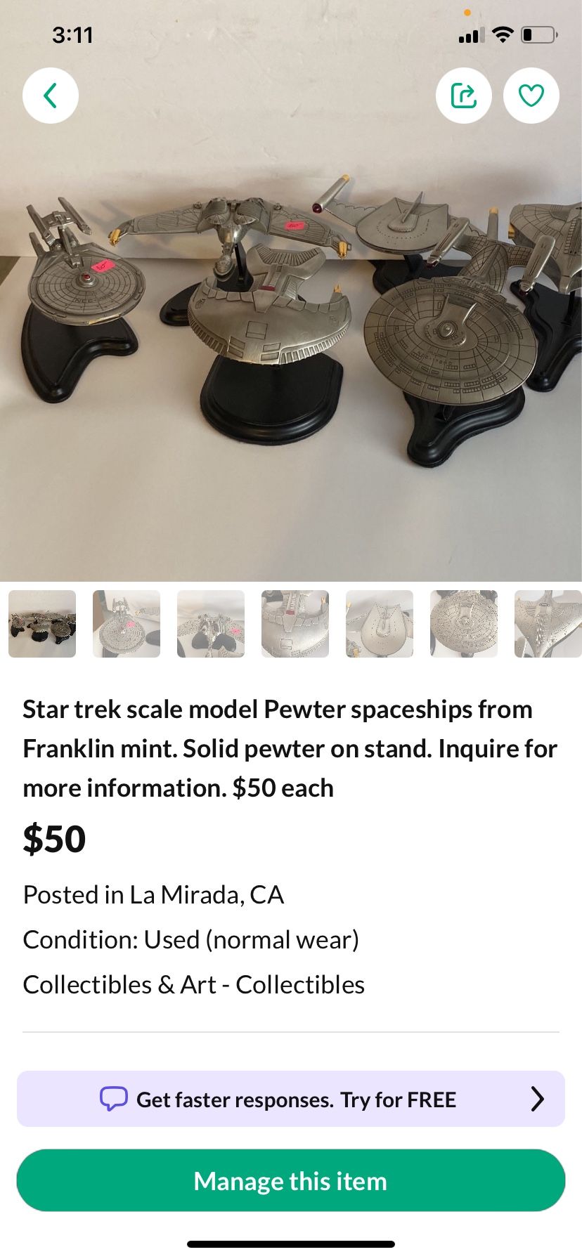 Star Trek model starships. Scale model. Inquiry of interested.