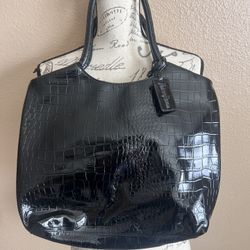 Neiman Marcus Black Faux  Croc Design Lined Purse Tote