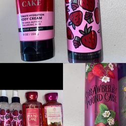 7 Bath & Body Works STRAWBERRY POUNDCAKE Cream, shimmer/ Mist, body Wash, gel