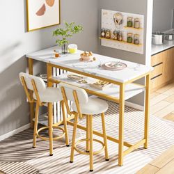 AWQM 3 Pieces Bar Table Set with Storage Shelves, Faux Marble Kitchen Table and Chairs Set, Counter Height Dining Set with 2 PU Upholstered Bar Stools