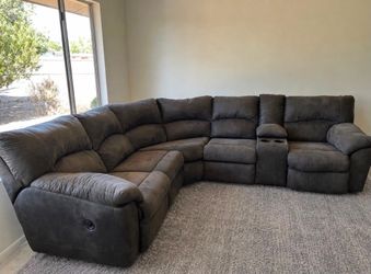 Large Dark Gray Reclining Sectional Sofa with Console & Cup Holders