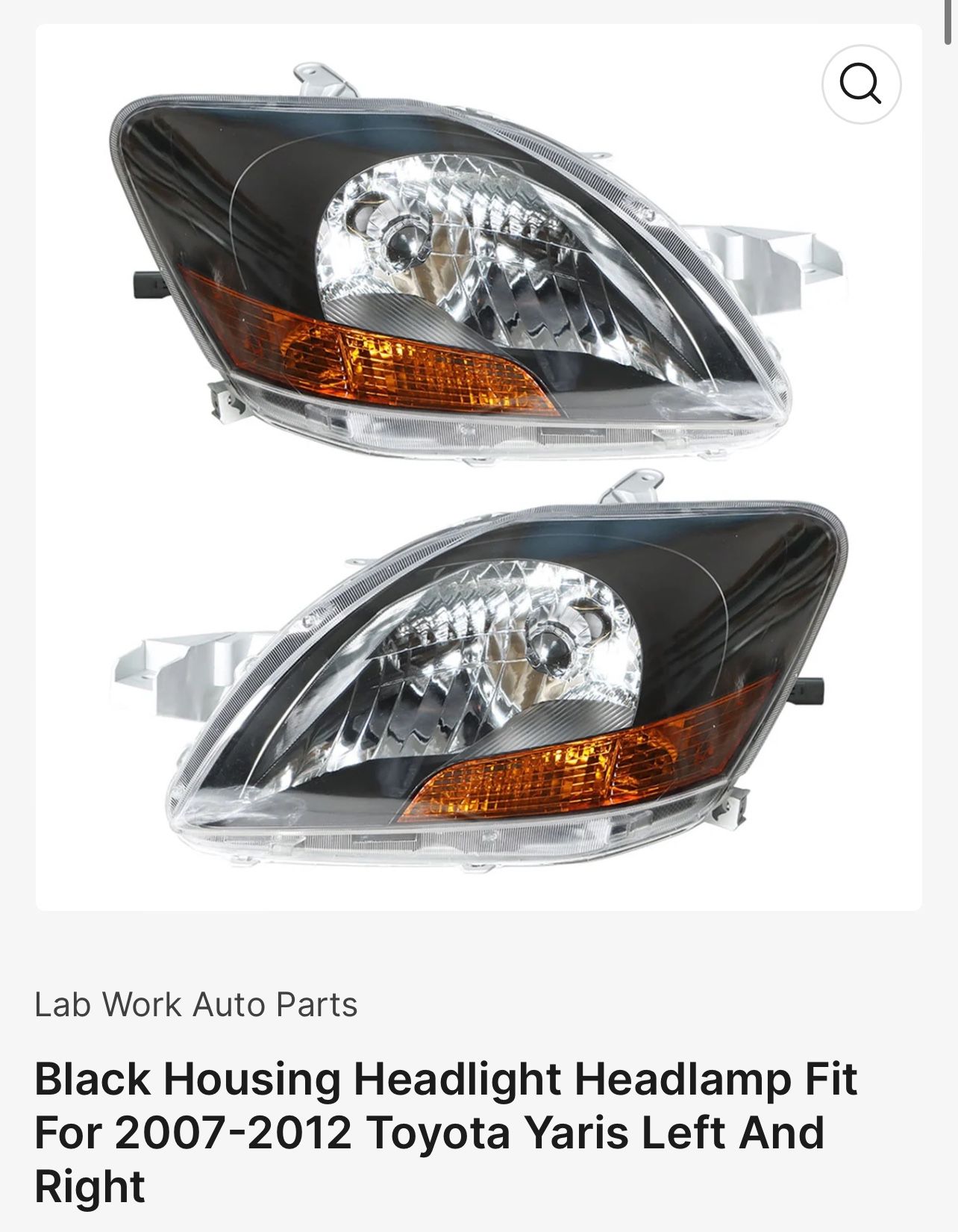 Pair Headlights 2007-2012 Toyota Yaris Black Left Right Side Headlamps Assembly 