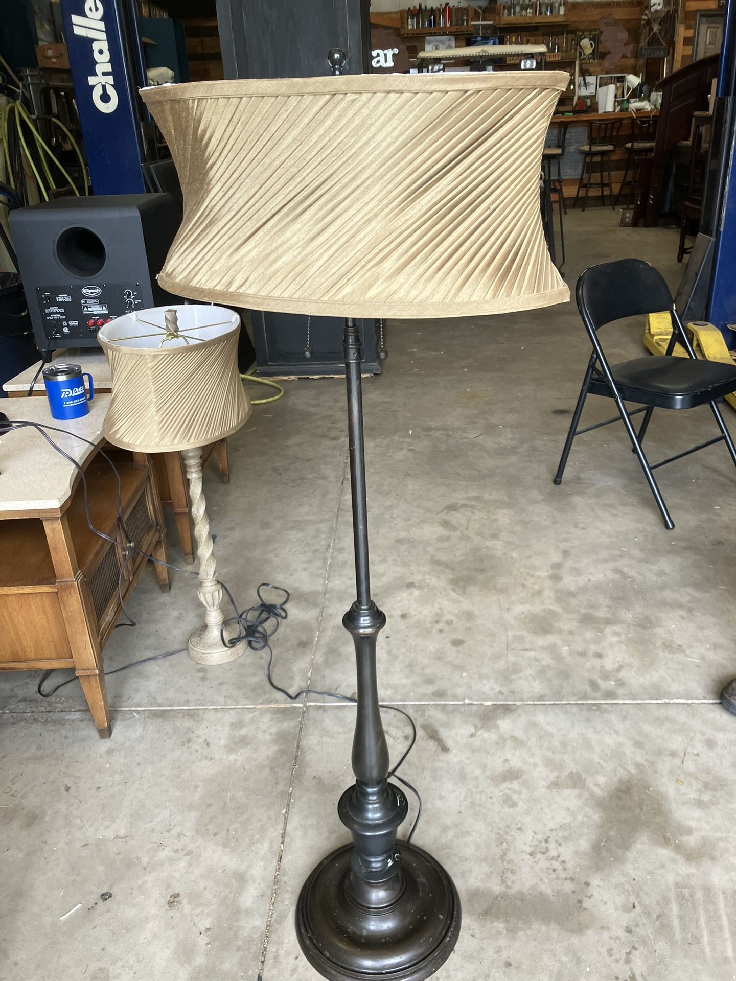 Antique Brass Telescoping Double Bulb Floor Lamp With Shade