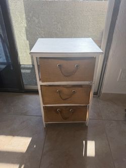 White Wood Storage Unit with 3 Burlap Drawers $5