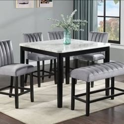 NEW 6pc Faux Marble Counter Height DINING Room SET Table Chairs Bench💥NO CREDIT NEEDED $10 Down