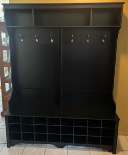 Shoe cubby and coat rack display case