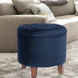 Navy Velvet Round Tufted Ottoman with Wood Legs - Perfect Foot Rest & Storage