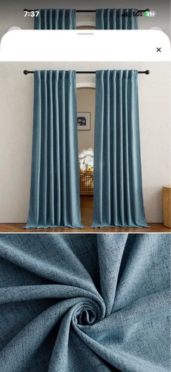 Blue Linen-Look Blackout Curtain Panels