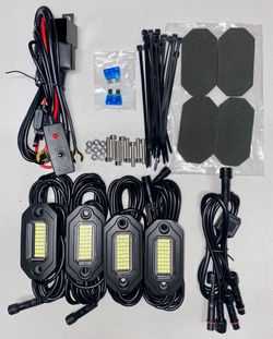 4 Pods Metal Aluminum Rock Lights Full Kit, Plug and Play & Pre Wired, 6500K Pure White with Switch Wiring Harness Fuse, 144Chips IP68 Waterproof for