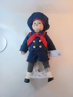 OFFICIAL CRACKER JACK "LITTLE JACK" PORCELAIN COLLECTOR DOLL 18" TALL W/STAND NEW IOB