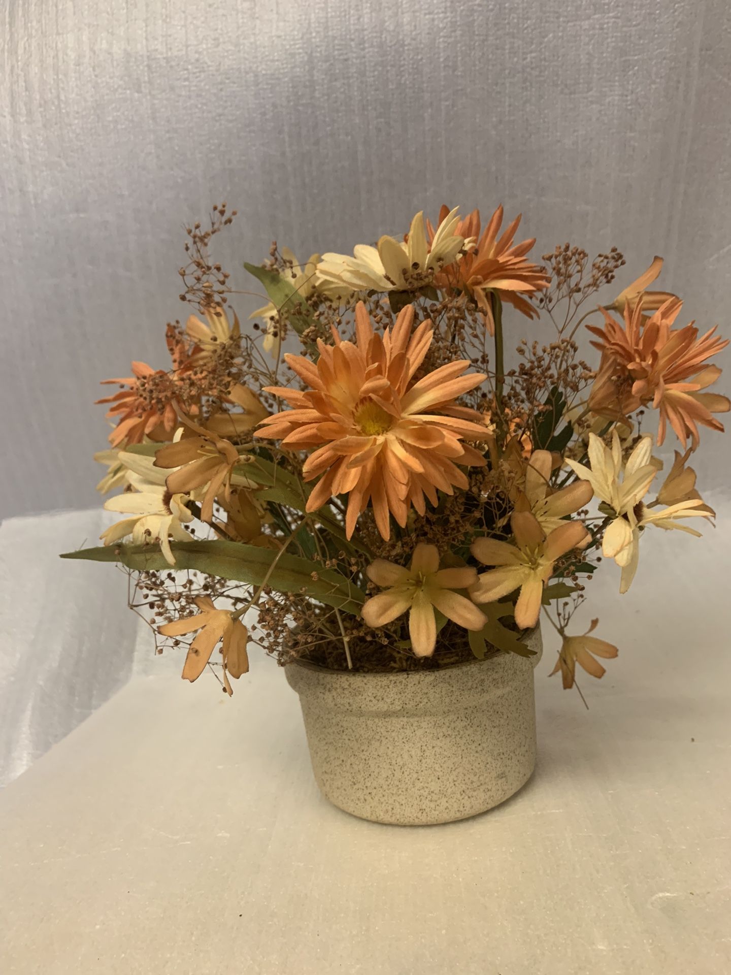 Vintage fall floral arrangement in ceramic pot orange &cream artificial flowers,