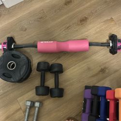 Curl Bar, Weights, and Yoga Step