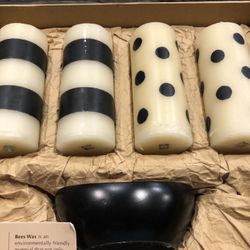 Brand New Black and White Beeswax Candles with holder in box