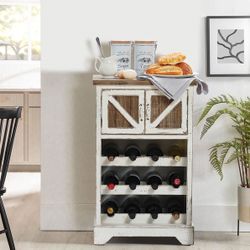 White and Natural Wood 2-Door Wine Cabinet