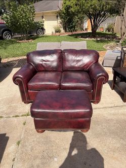 Burgundy Leather Loveseat with Ottoman