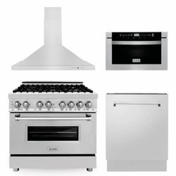 ZLINE 36" Kitchen Package with Stainless Steel Dual Fuel Range, Range Hood, Microwave Drawer and Tall Tub Dishwasher